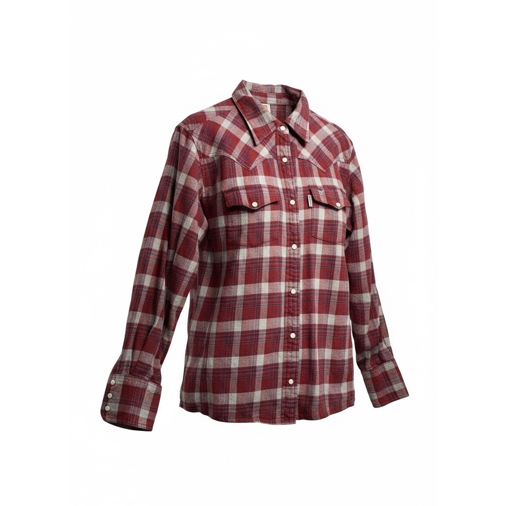 Carhartt Women Red Grey Plaid Flannel Western Pearl Snap Shirt, Size Large